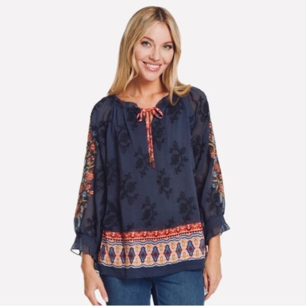 John Mark NWT Split Neck Tunic Embroidered Sleeves Navy Size S